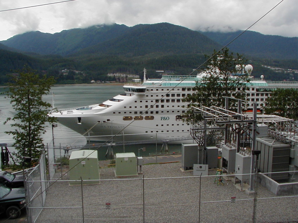 Sea Princess at Franklin Dock in Juneau with Princess Cruises’ shore power transformer in the foreground.